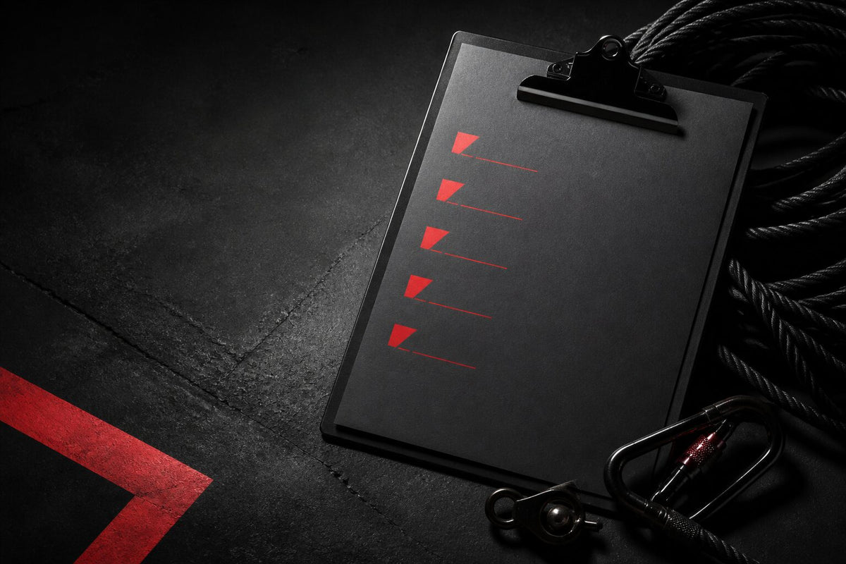 Black clipboard checklist with red marks, steel clips, and folded rope in hard light