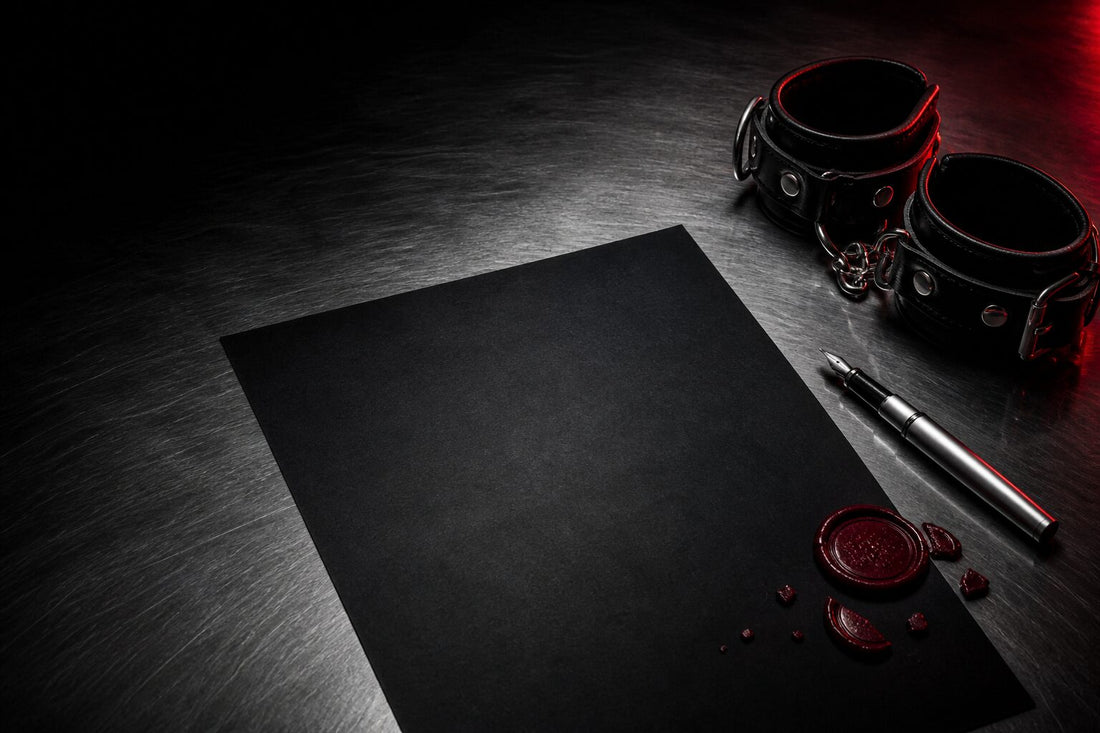 Black paper contract, silver pen, red wax fragments, and leather cuffs on steel