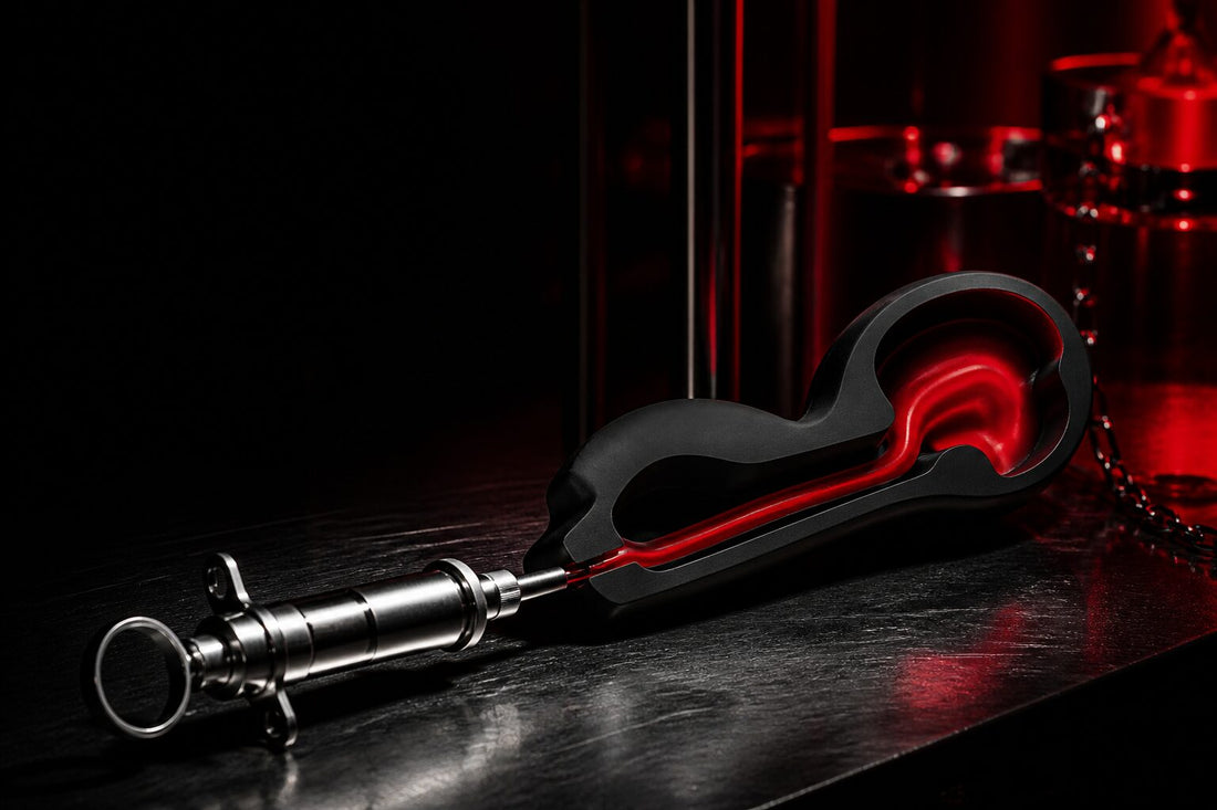 Black silicone dildo cutaway with a red internal fluid channel and steel syringe silhouette