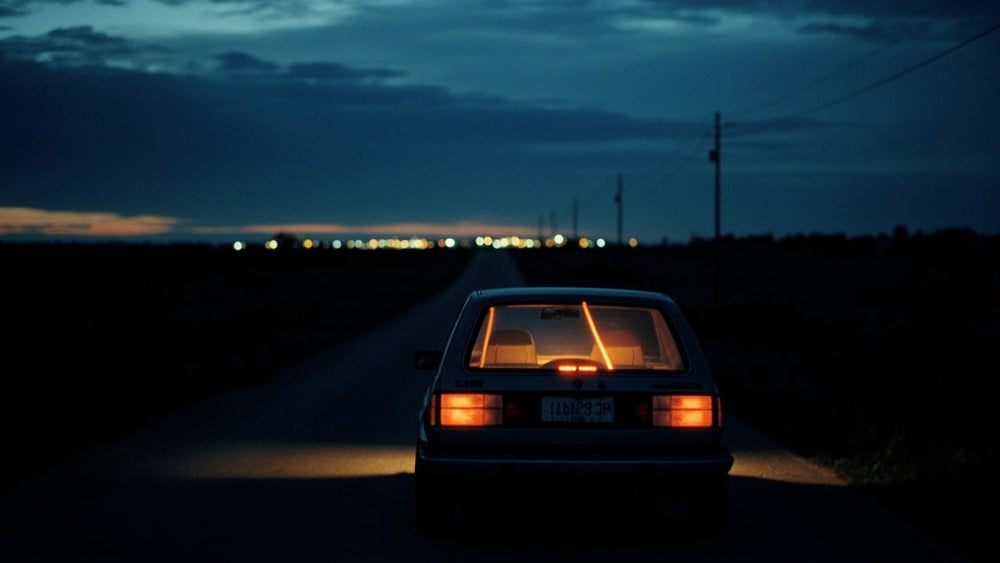A car driving down a quiet back road at twilight, warm interior light glowing through the windows, deep blue-and-amber sky, a sense of privacy and quiet adventure — the unfamiliar-room charge of sex outside the bedroom.