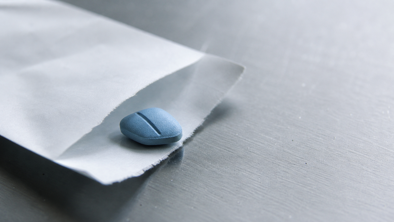 An unbranded blue tablet beside a blank pharmacy sleeve, used as a visual metaphor for Viagra myths.