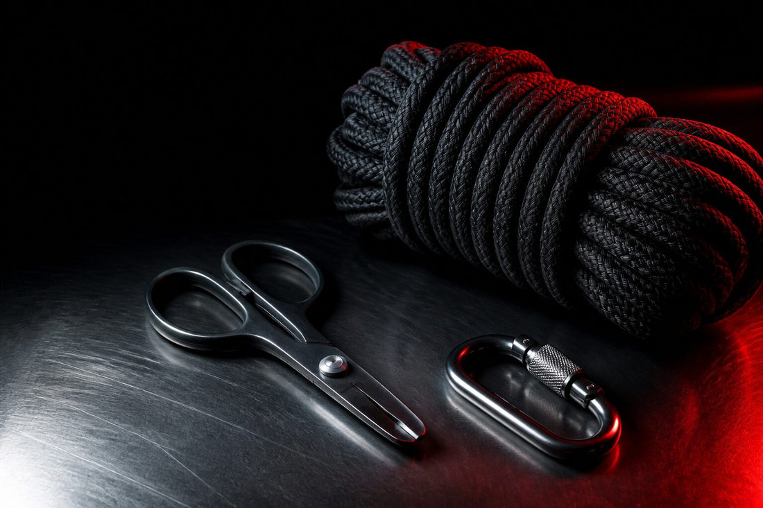 Coiled black rope beside safety shears and a metal carabiner under red light