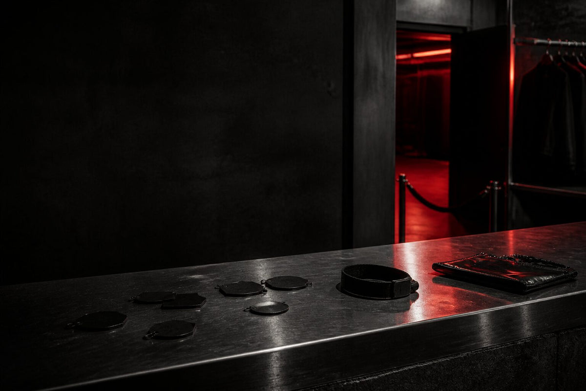 Empty nightclub coat-check tokens, black wristband, and red door light on a steel counter