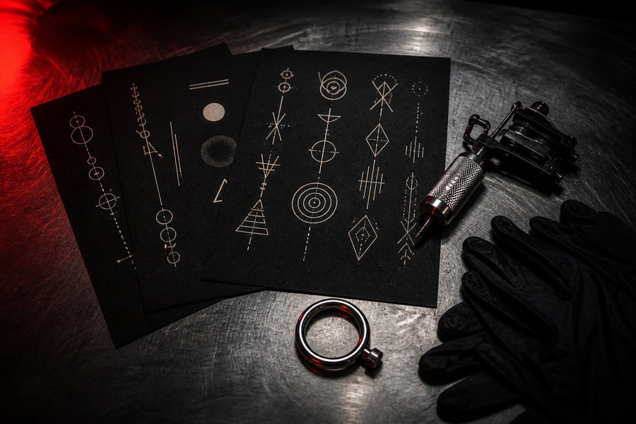Abstract black tattoo flash sheets, capped tattoo machine, gloves, and a steel collar ring