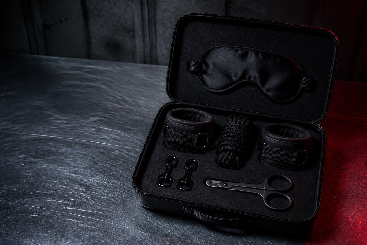 Open black bondage kit with cuffs, blindfold, rope, clips, and safety shears