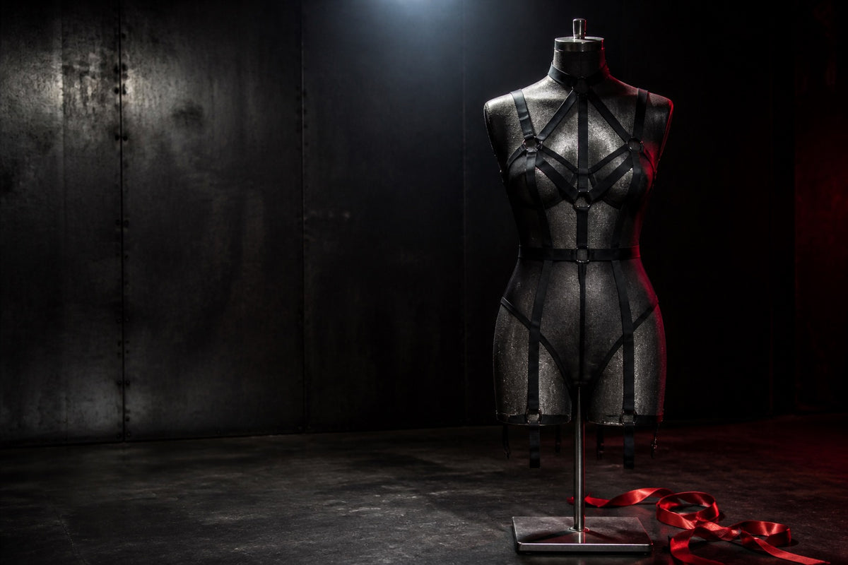 Empty black mesh bodice and geometric harness on a steel dress form under red light
