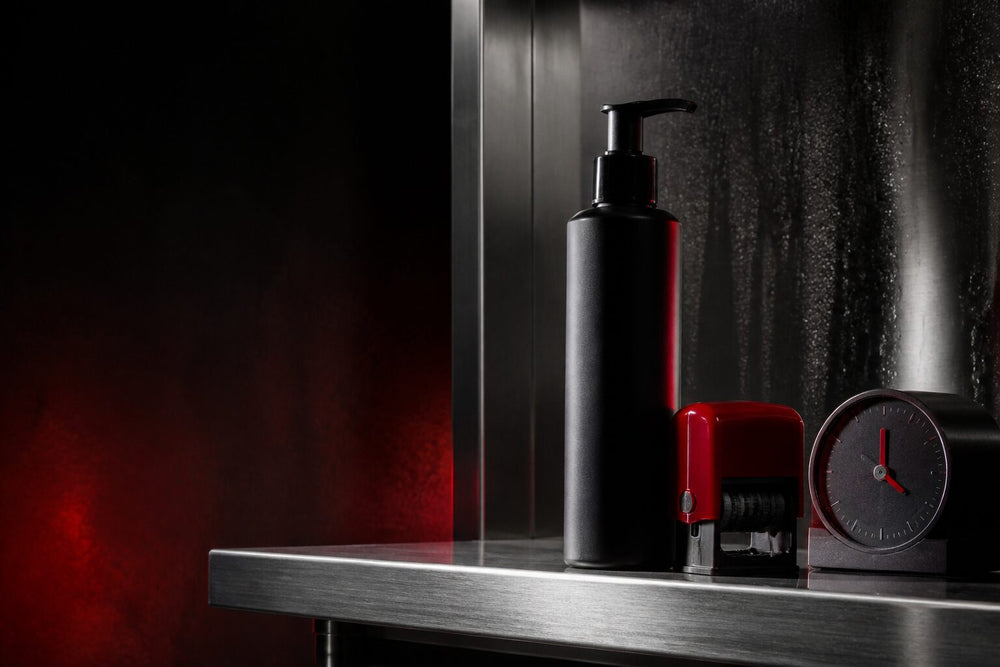 Black lubricant bottle with a red date stamp on a stainless steel bathroom shelf