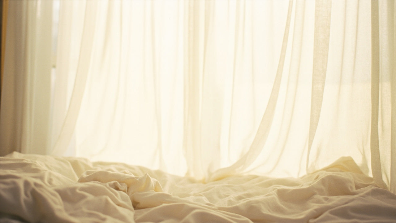 A dim, film-grain bedroom still — soft folded sheets and low light, no faces — set for an unhurried first time