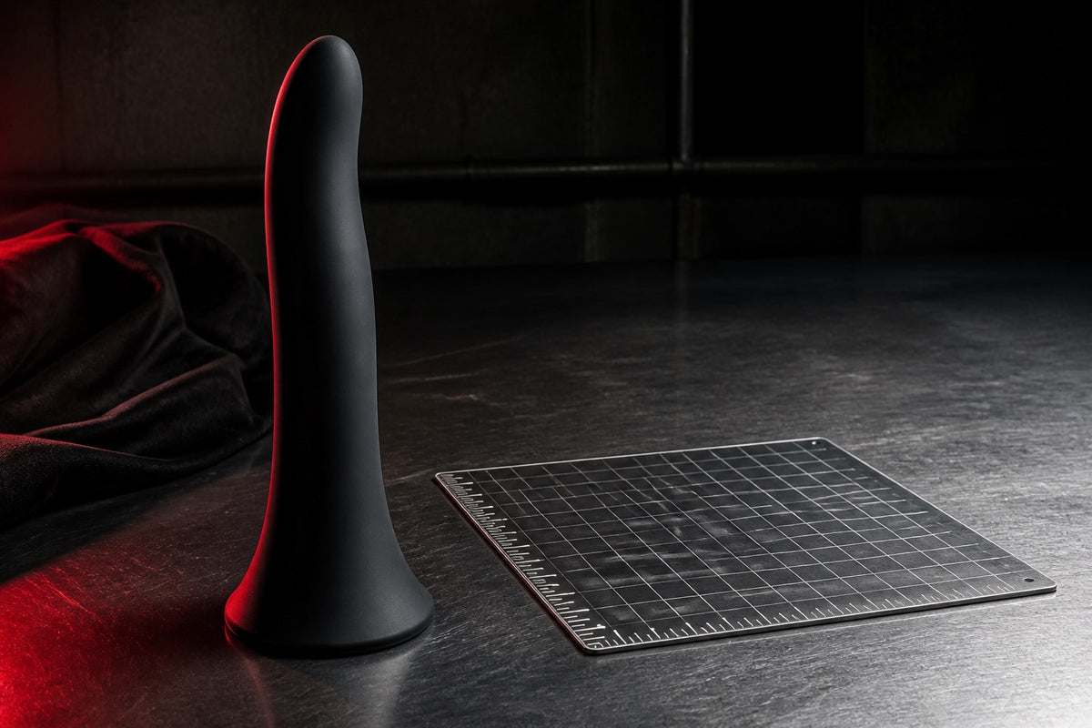 Abstract matte-black fantasy dildo beside a steel measuring grid under red light