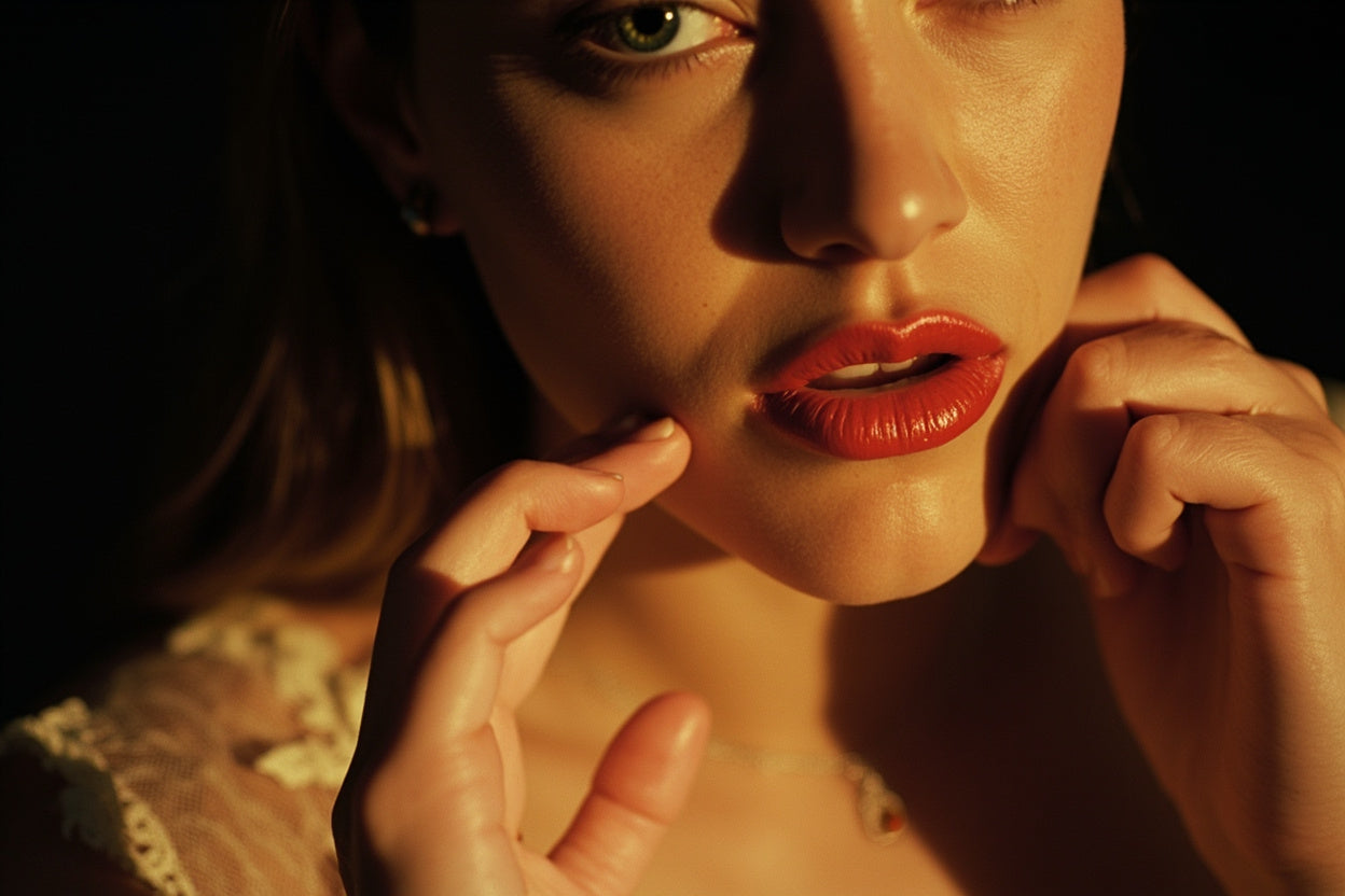 Warm film close-up — parted lips and fingertips at the jaw, the pull of a specific desire that separates a kink from a fetish
