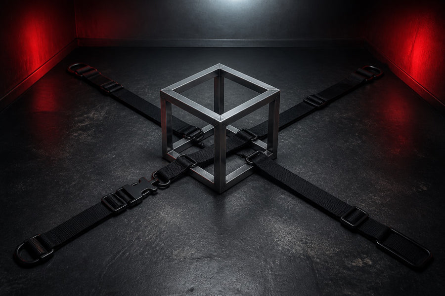 Two black restraint straps crossing around an empty steel frame with a quick-release clip