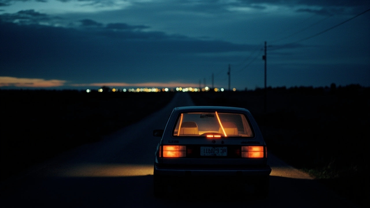 A car driving down a quiet back road at twilight, warm interior light glowing through the windows, deep blue-and-amber sky, a sense of privacy and quiet adventure — the unfamiliar-room charge of sex outside the bedroom.