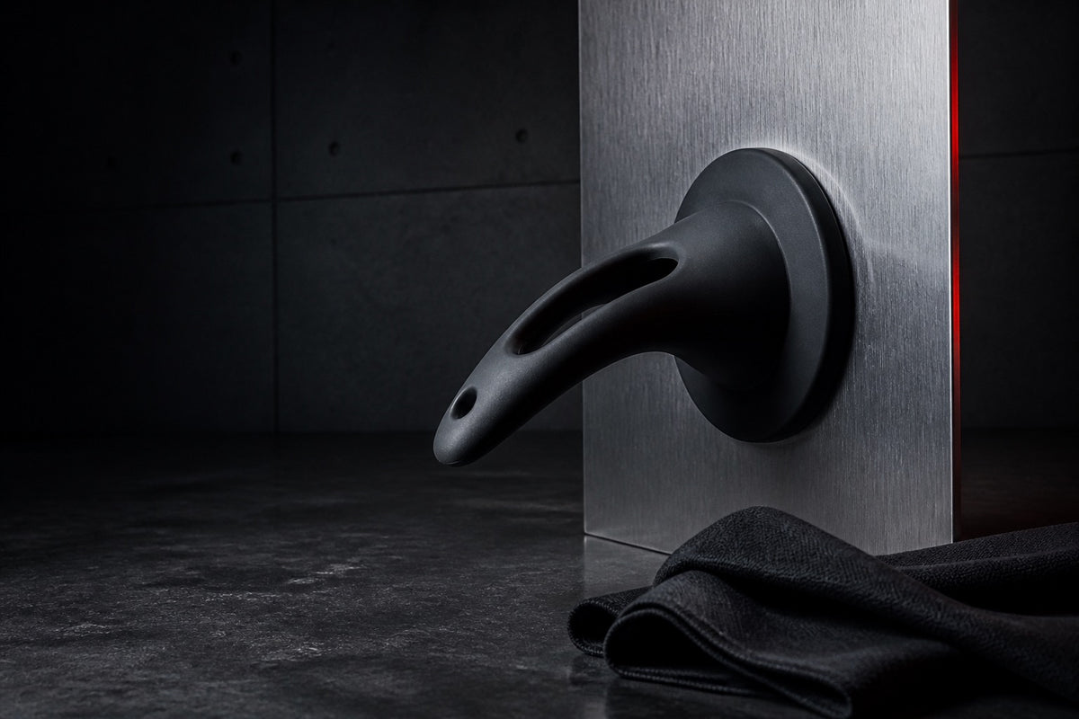 Matte-black suction base mounted to brushed steel with a folded cloth