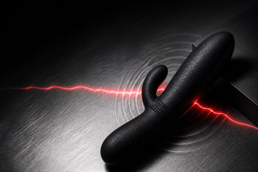 Black vibrating dildo silhouette cut by red waveform light on brushed metal