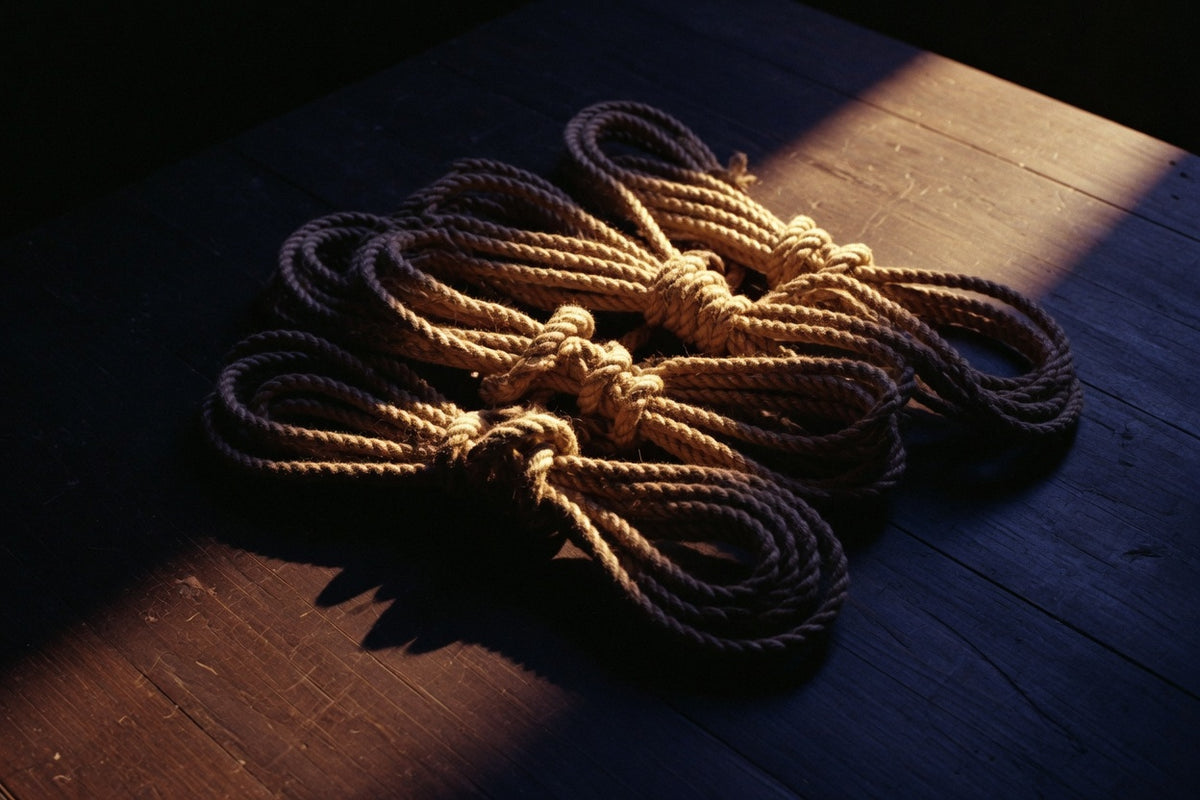 Coils of natural jute rope knotted on dark wood under a hard beam of light — the material at the center of shibari