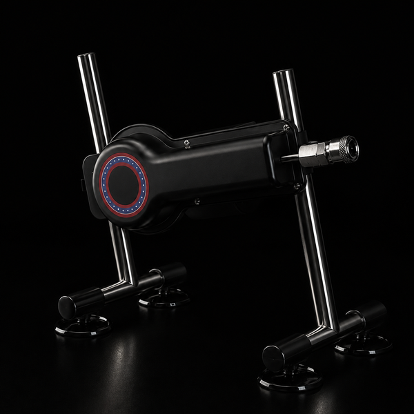 FRAME 01 thrusting sex machine — black aluminum body on splayed stainless-steel legs with four suction-cup feet