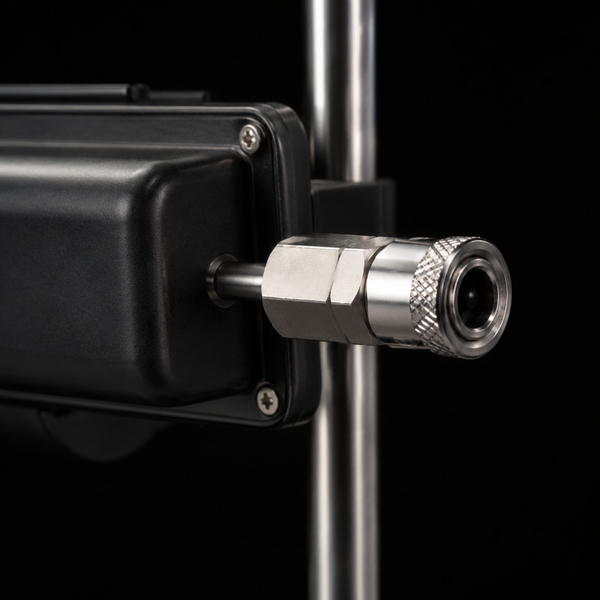 Close-up of FRAME 01's stainless-steel push-fit quick-connector attachment mount on the black housing